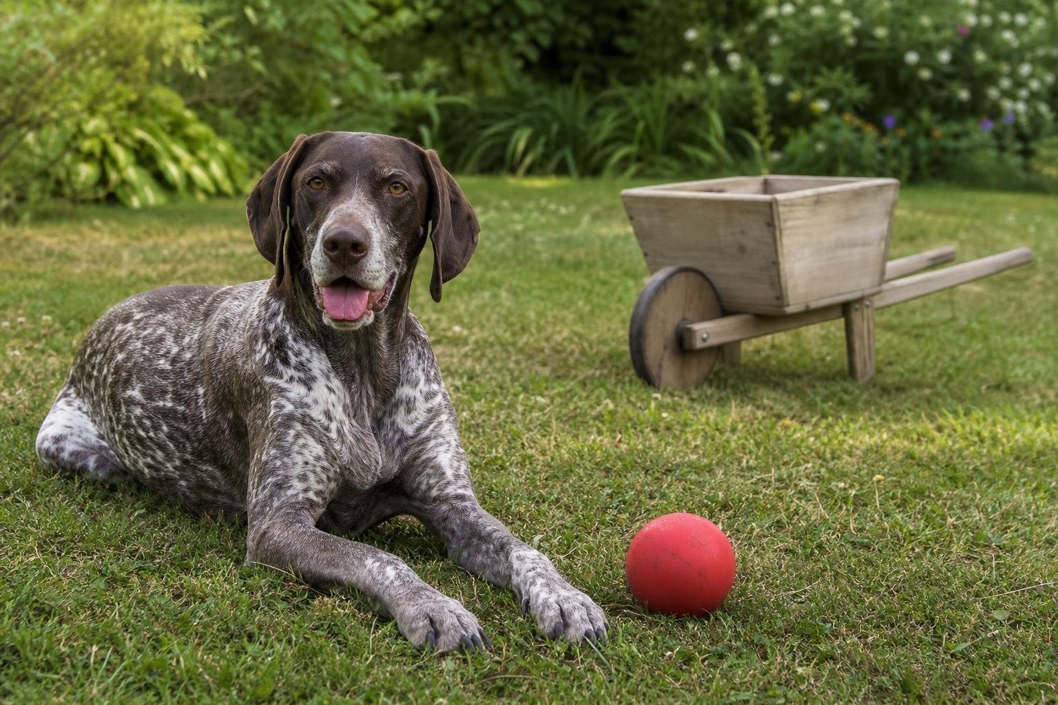 Deutsch Kurzhaar liegt im Familiengarten neben einem roten Ball (mit AI erstelltes Bild)