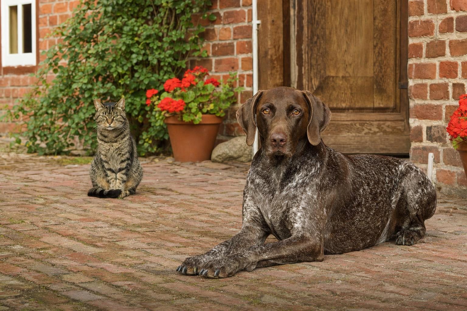 Deutsch Kurzhaar liegt auf dem Klinkerpflaster vor einer Backsteinhaustür, eine getigerte Katze sitzt einige Meter entfernt (mit AI erstelltes Bild)