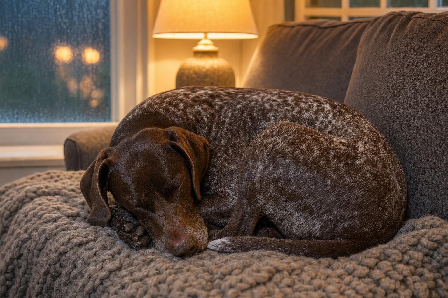 Deutsch Kurzhaar schläft eingerollt auf einer Strickdecke auf dem Sofa, Lampenlicht und Regen am Fenster (mit AI erstelltes Bild)
