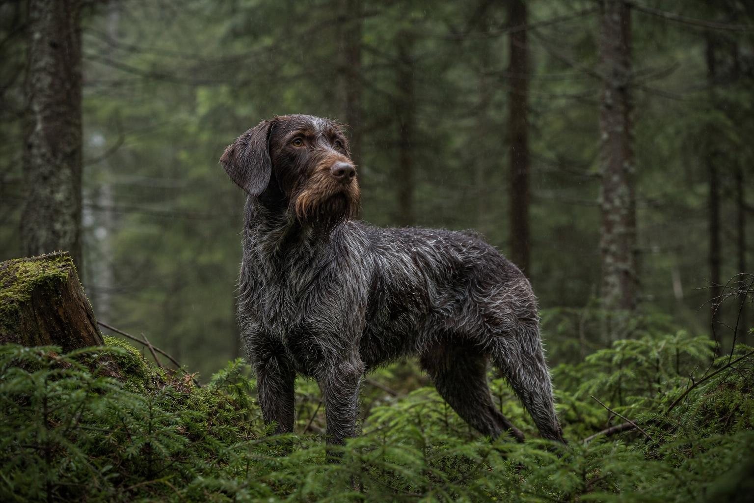 Deutsch Drahthaar steht im leichten Regen in einem Fichtenwald (mit AI erstelltes Bild)