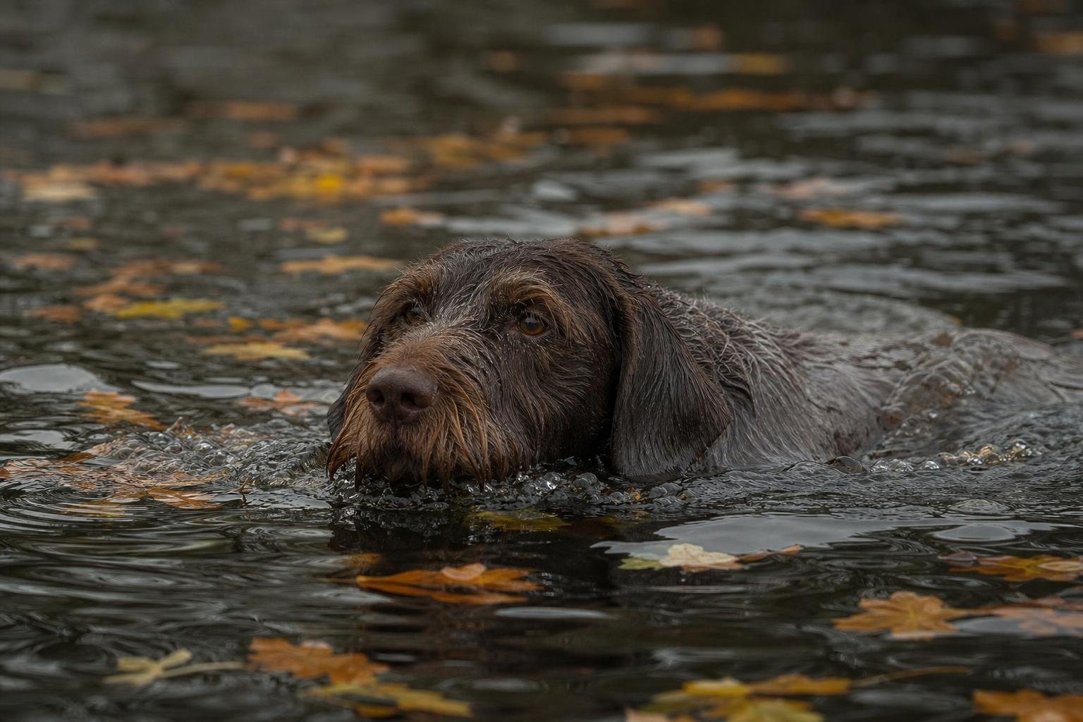 Deutsch Drahthaar schwimmt durch kaltes dunkles Herbstwasser (mit AI erstelltes Bild)