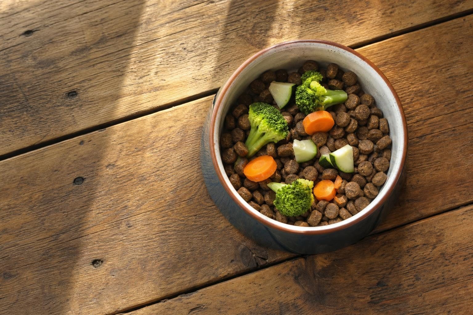 Keramiknapf mit Trockenfutter und etwas Gemüse auf einem Holzboden (mit AI erstelltes Bild)