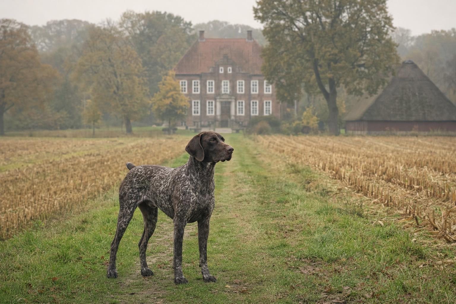 Deutsch Kurzhaar steht auf einem Feldweg zwischen Stoppelfeldern, dahinter ein norddeutsches Backstein-Gutshaus im Herbstnebel (mit AI erstelltes Bild)