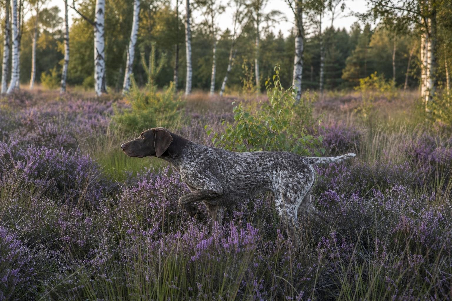 Deutsch Kurzhaar sucht in blühender Heide auf sandiger Geest (mit AI erstelltes Bild)
