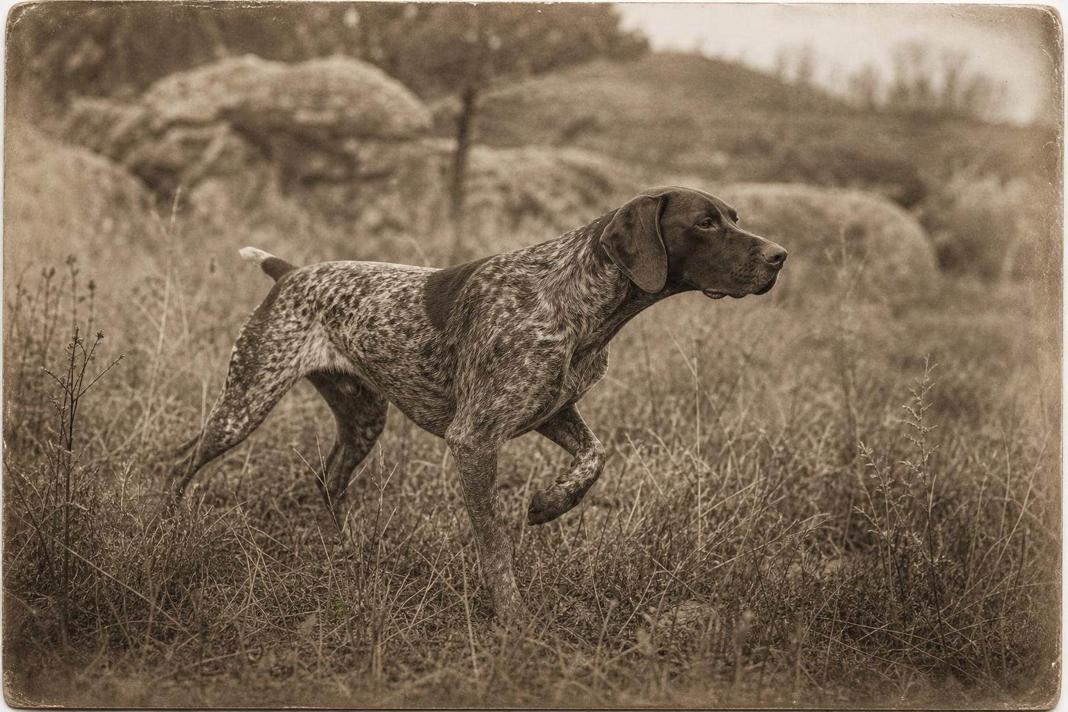 Deutsch Kurzhaar läuft durch hohes Gras, im Stil einer alten Sepia-Fotografie (mit AI erstelltes Bild)