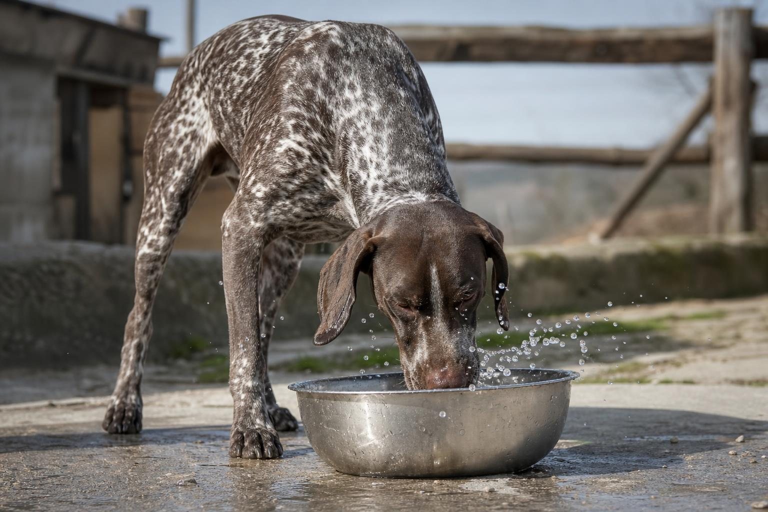 Deutsch Kurzhaar trinkt nach der Bewegung aus einem Wassernapf (mit AI erstelltes Bild)