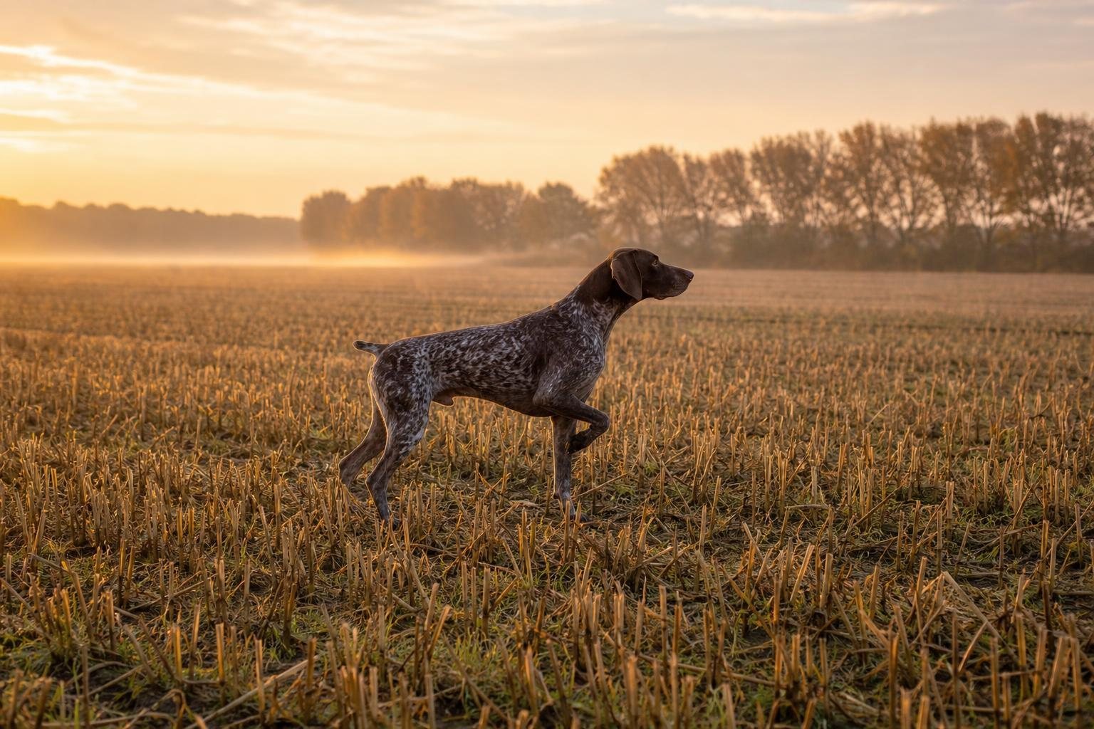 Deutsch Kurzhaar steht im nebligen Herbst-Stoppelfeld bei Sonnenaufgang vor, ein Vorderlauf angehoben (mit AI erstelltes Bild)