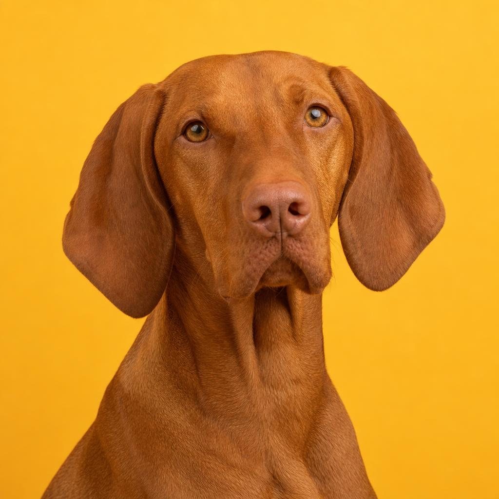 Magyar Vizsla mit kurzem semmelgelbem Fell vor gelbem Hintergrund (mit AI erstelltes Bild)