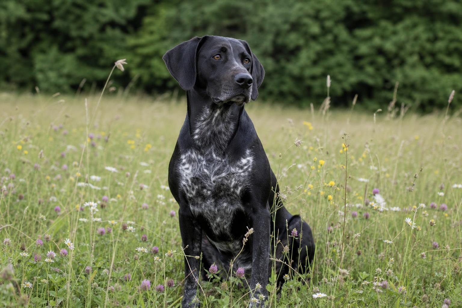 Schwarzer Mischling aus Deutsch Kurzhaar und Labrador sitzt in einer Sommerwiese (mit AI erstelltes Bild)