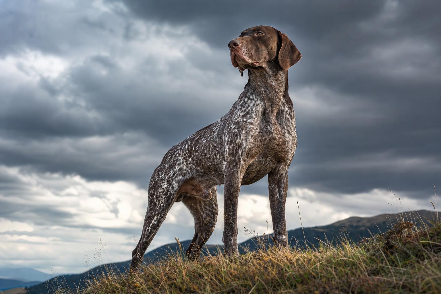 Kräftiger Deutsch Kurzhaar steht auf einer Hügelwiese unter dramatischen Wolken (mit AI erstelltes Bild)
