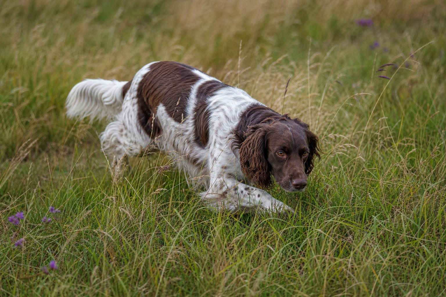 Kleiner Münsterländer sucht in einer Wiese mit hohem Gras (mit AI erstelltes Bild)
