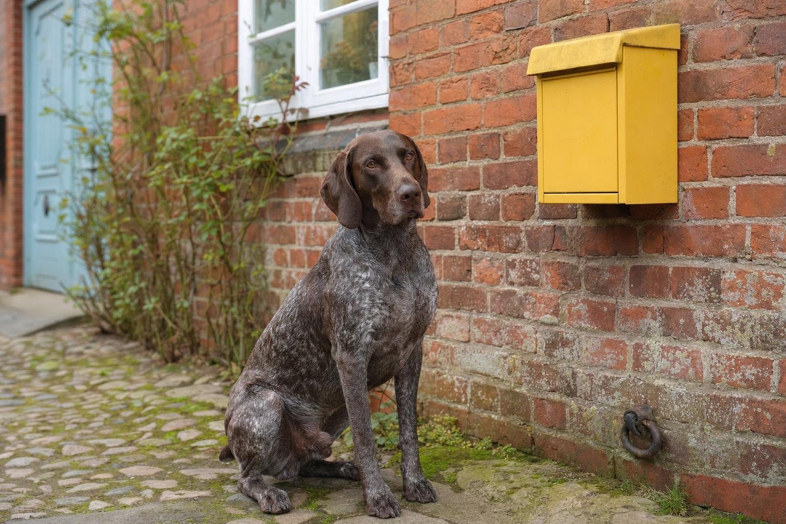 Deutsch Kurzhaar sitzt auf Kopfsteinpflaster neben einem gelben Briefkasten an einer Backsteinwand (mit AI erstelltes Bild)