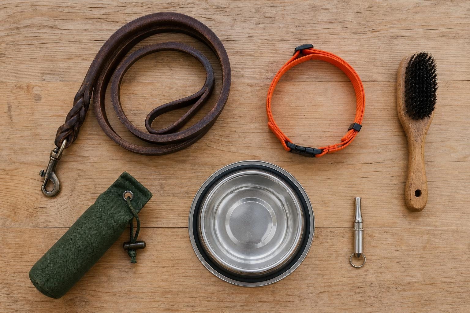 Leine, Halsband, Bürste, Napf, Dummy und Pfeife auf einem hellen Holztisch (mit AI erstelltes Bild)
