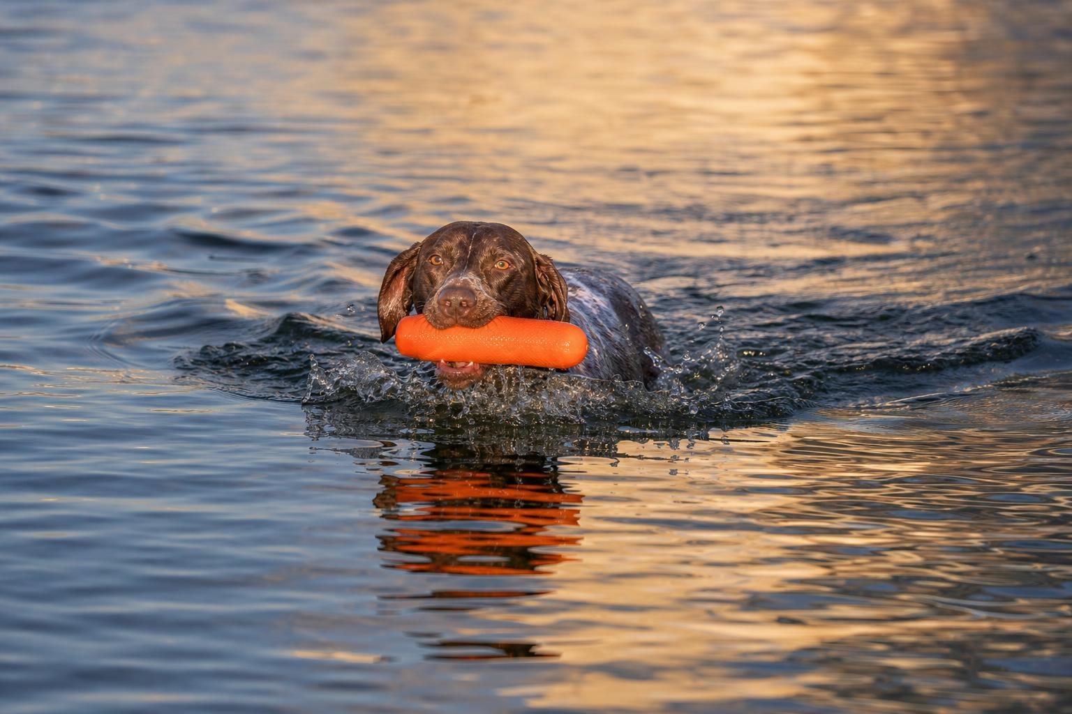 Deutsch Kurzhaar schwimmt mit einem orangefarbenen Dummy über einen See (mit AI erstelltes Bild)