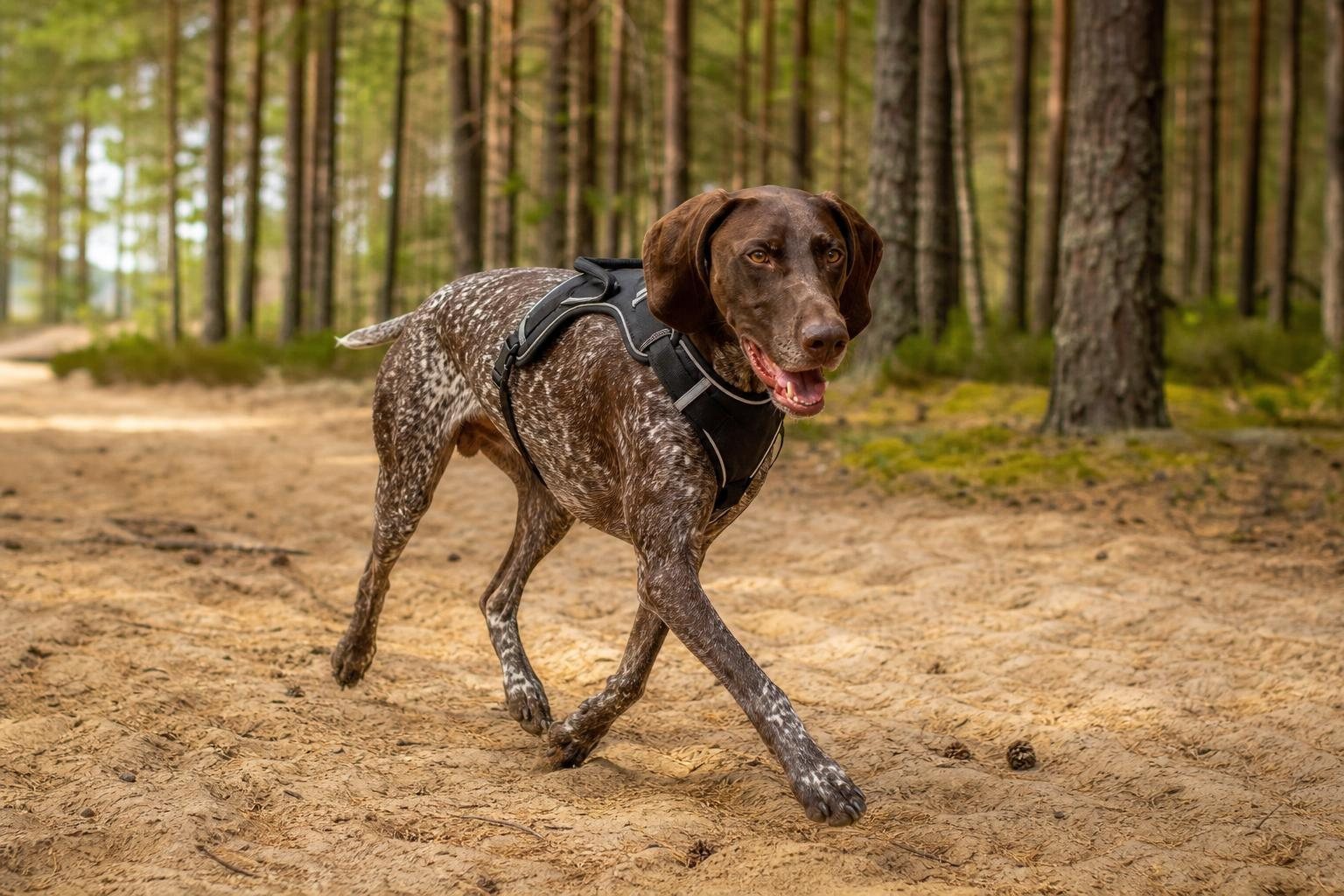 Deutsch Kurzhaar im Laufgeschirr trabt auf einem sandigen Waldweg (mit AI erstelltes Bild)