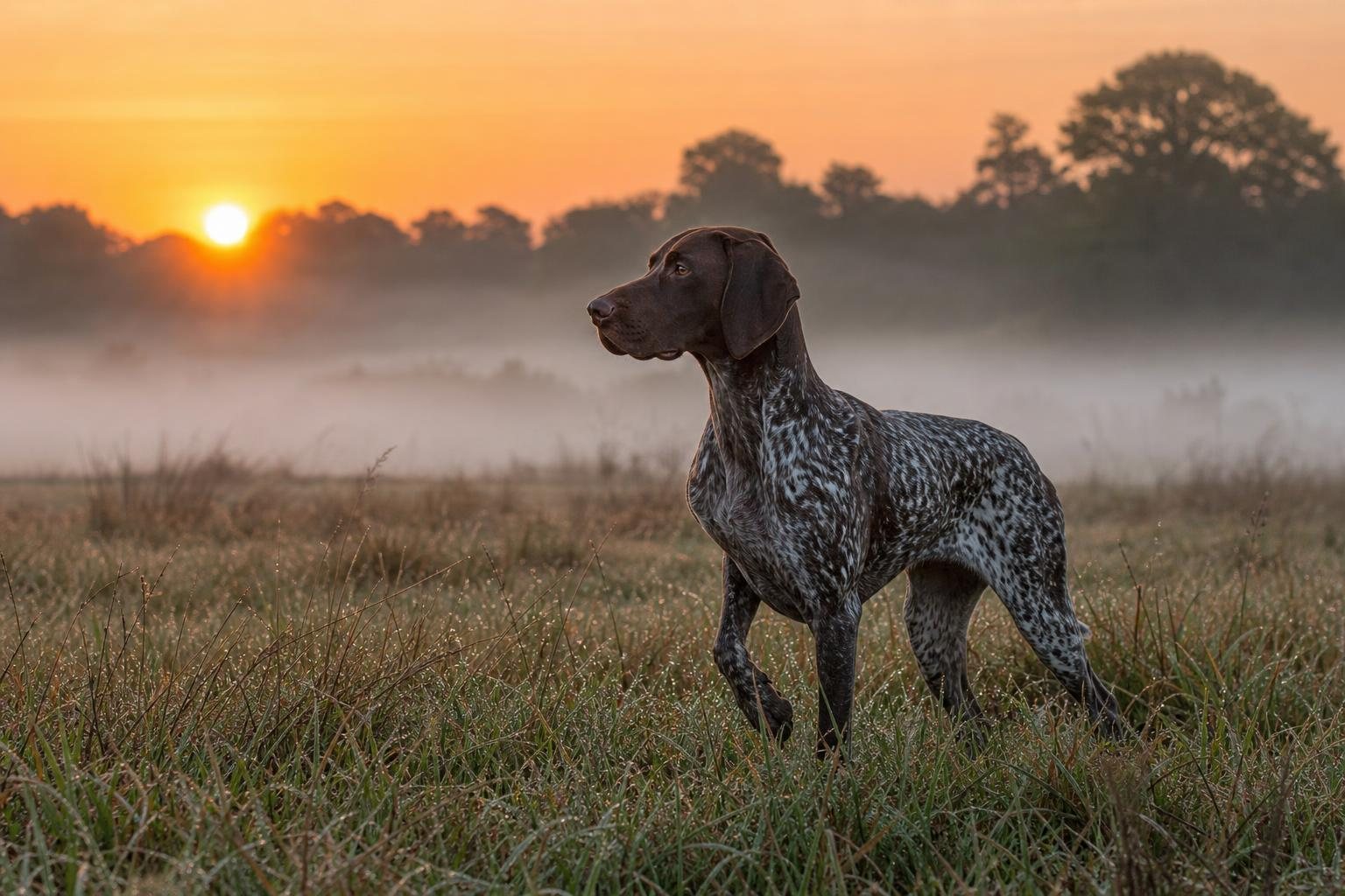 Deutsch Kurzhaar steht im Morgentau auf einem Feld bei Sonnenaufgang (mit AI erstelltes Bild)