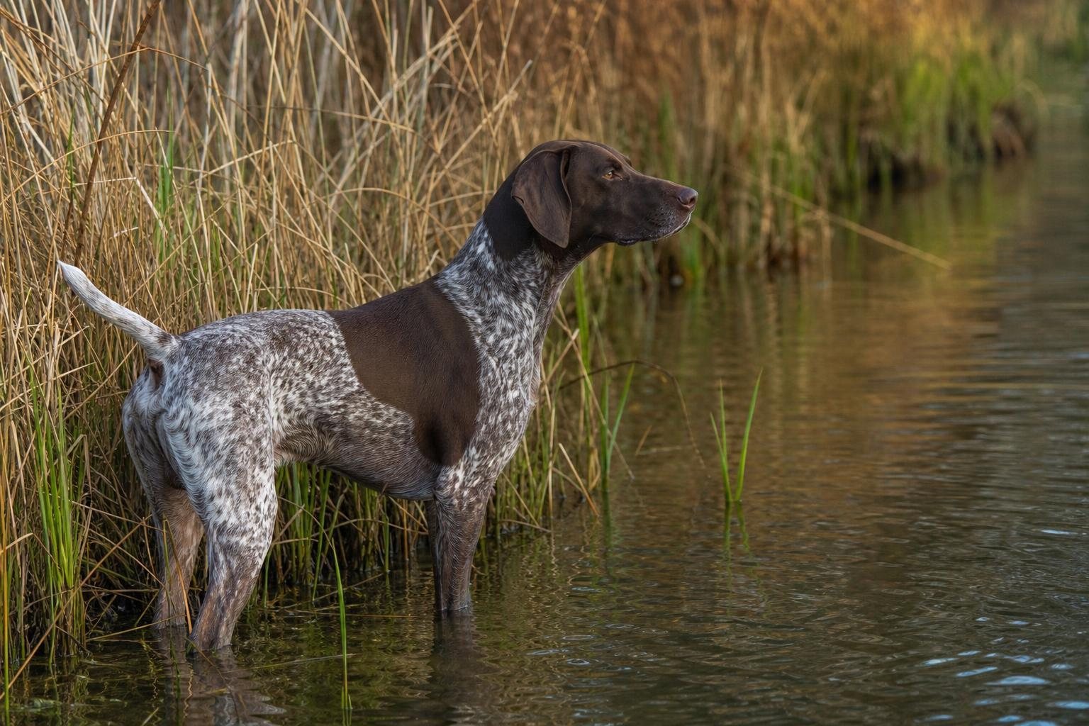 Deutsch Kurzhaar steht im flachen Wasser am Schilfrand eines Teichs (mit AI erstelltes Bild)