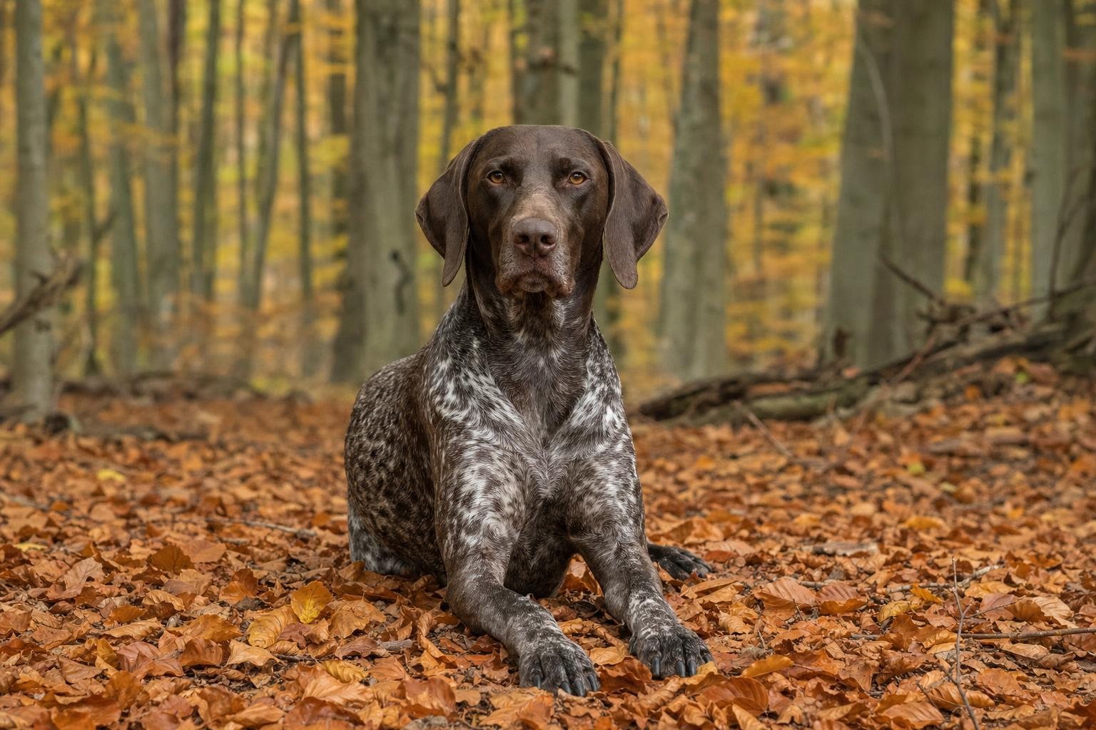 Deutsch Kurzhaar liegt aufmerksam im orangefarbenen Buchenlaub eines Herbstwaldes (mit AI erstelltes Bild)
