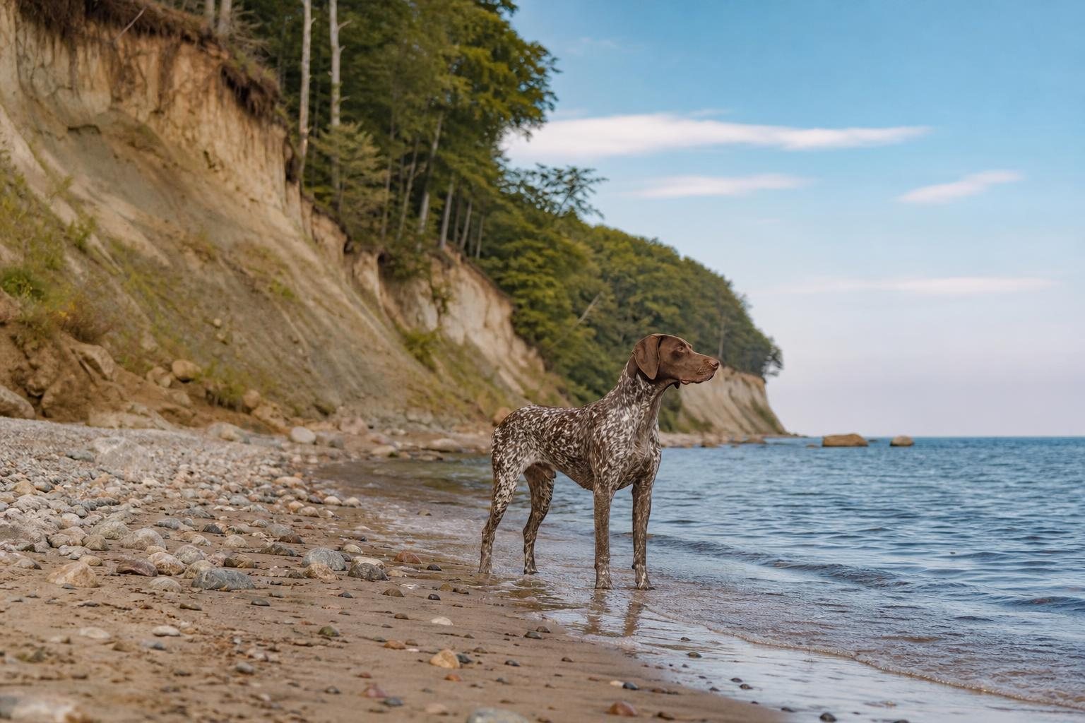 Deutsch Kurzhaar am Ostseestrand unter einem niedrigen Steilufer (mit AI erstelltes Bild)