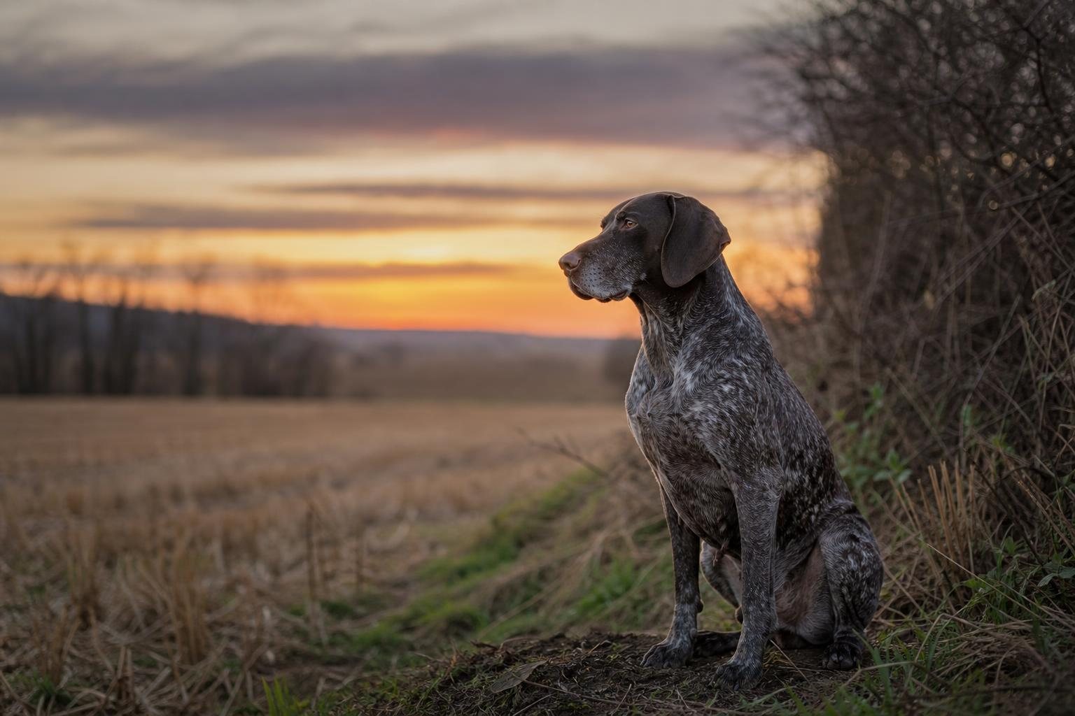 Deutsch Kurzhaar sitzt ruhig am Feldrand in der Abenddämmerung (mit AI erstelltes Bild)