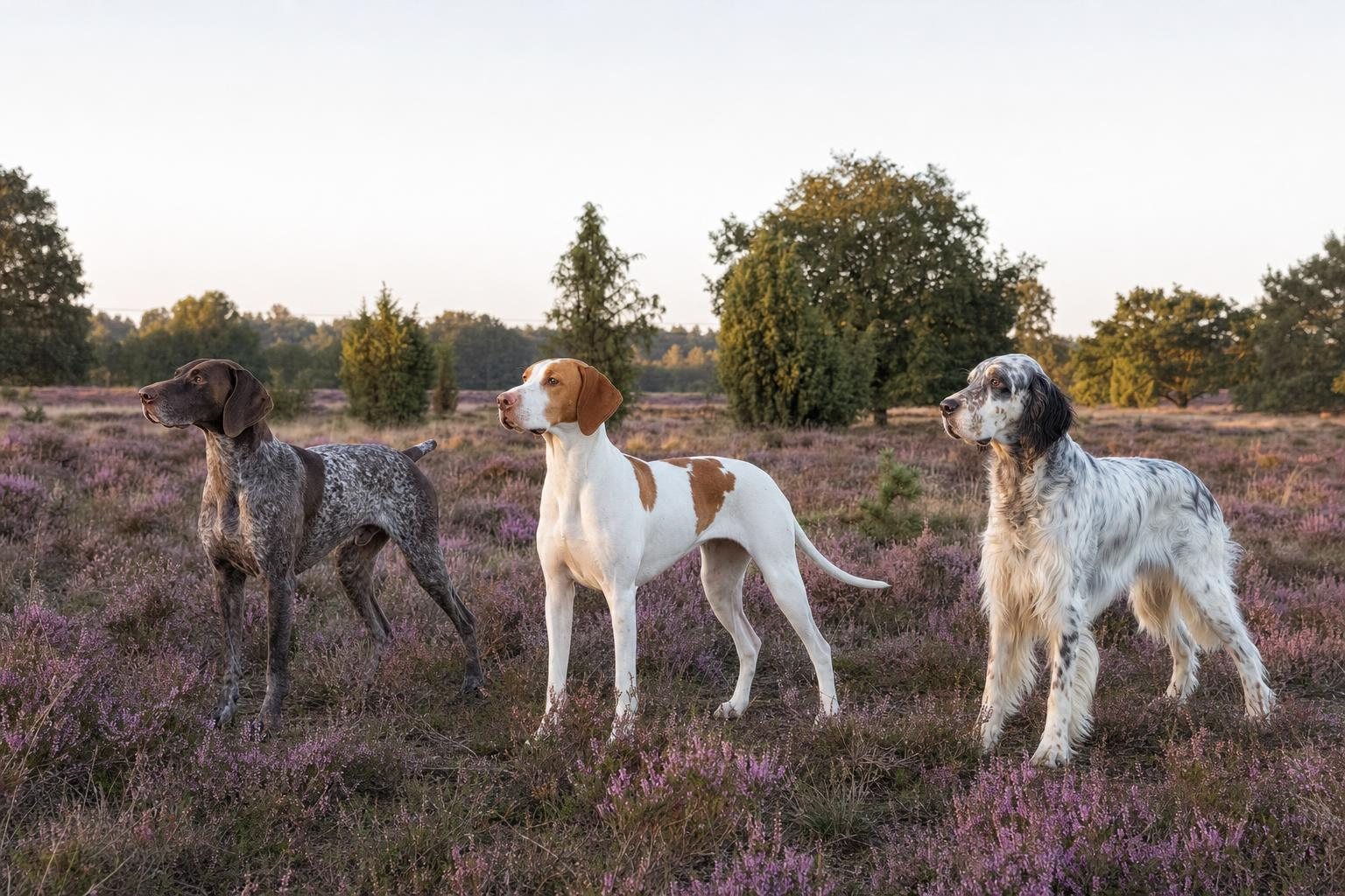 Deutsch Kurzhaar, Pointer und English Setter stehen nebeneinander in blühender Heide (mit AI erstelltes Bild)