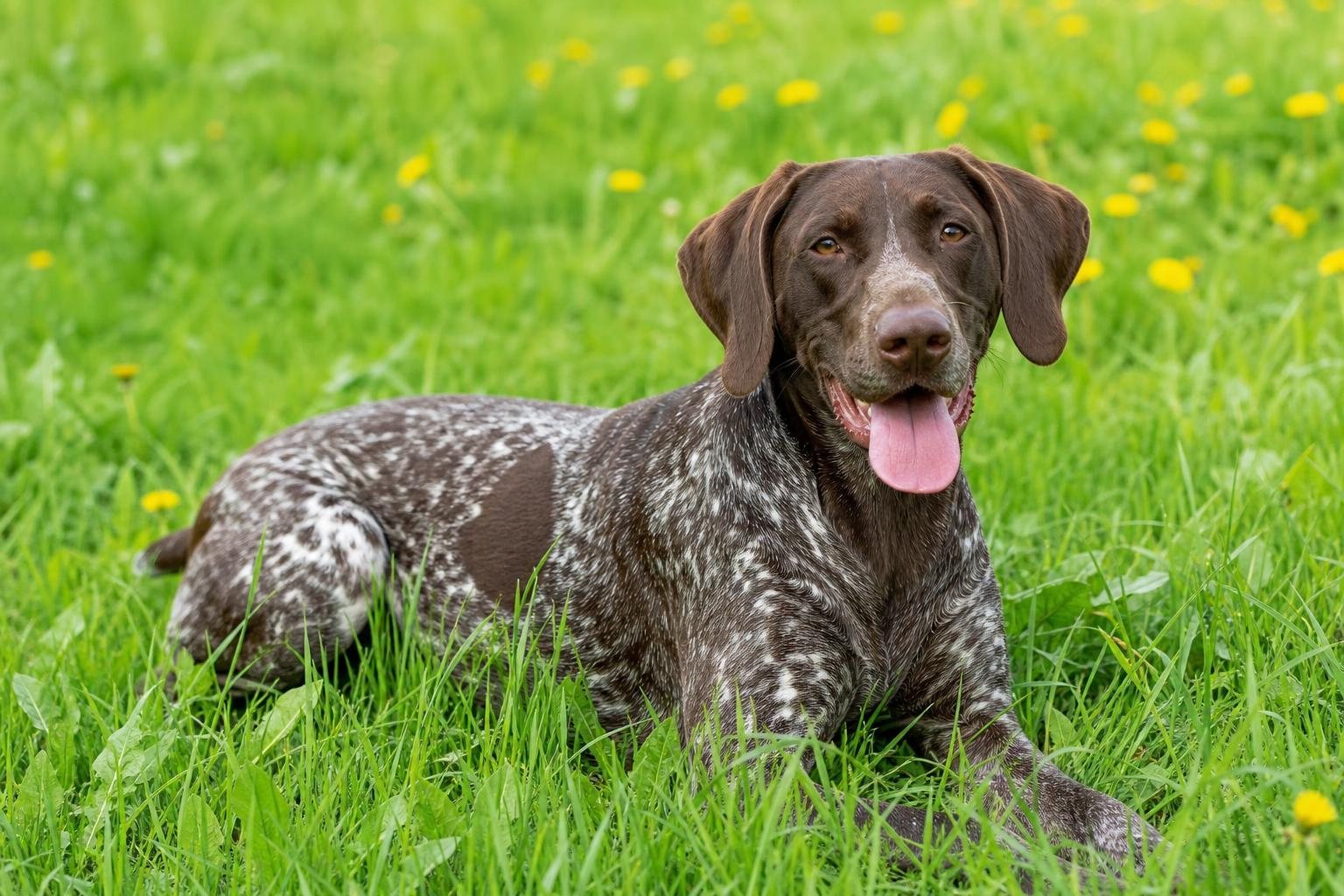 Junger Deutsch Kurzhaar liegt hechelnd im frischen Gras zwischen Löwenzahn (mit AI erstelltes Bild)