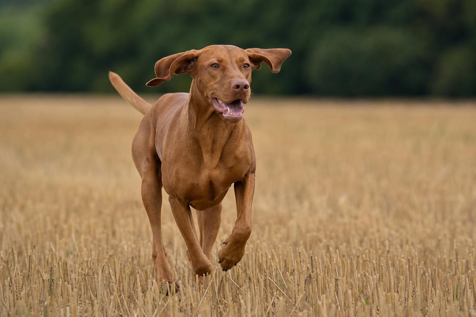 Magyar Vizsla läuft durch ein goldenes Stoppelfeld (mit AI erstelltes Bild)