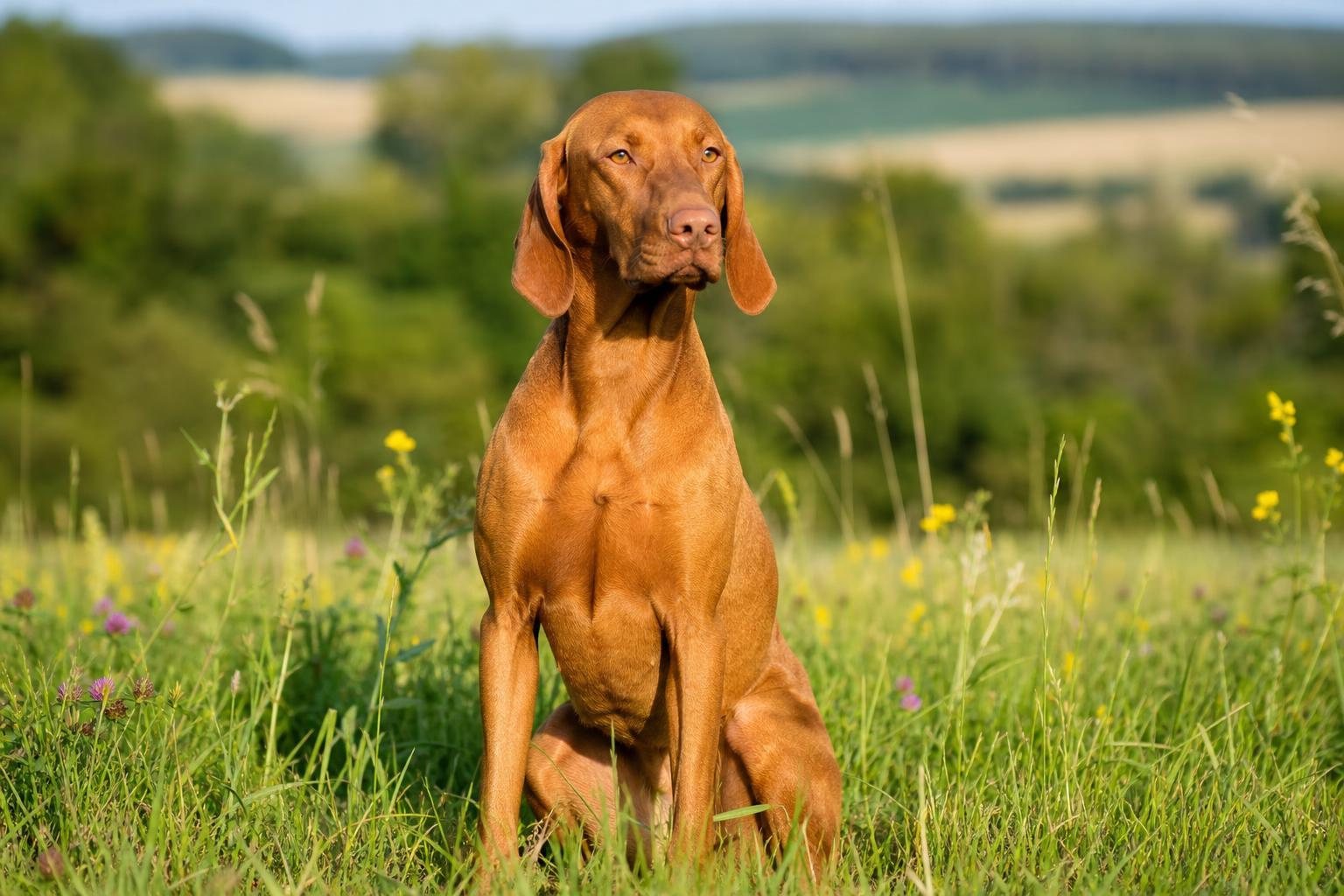 Magyar Vizsla sitzt auf einer sonnigen Wiese (mit AI erstelltes Bild)