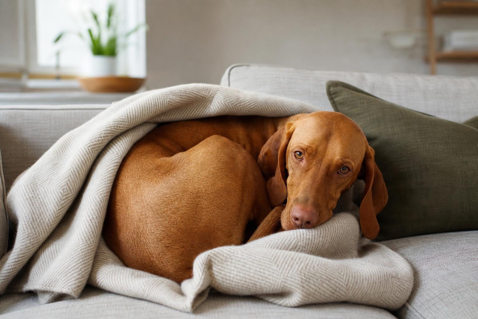 Magyar Vizsla liegt eingerollt unter einer Decke auf dem Sofa (mit AI erstelltes Bild)