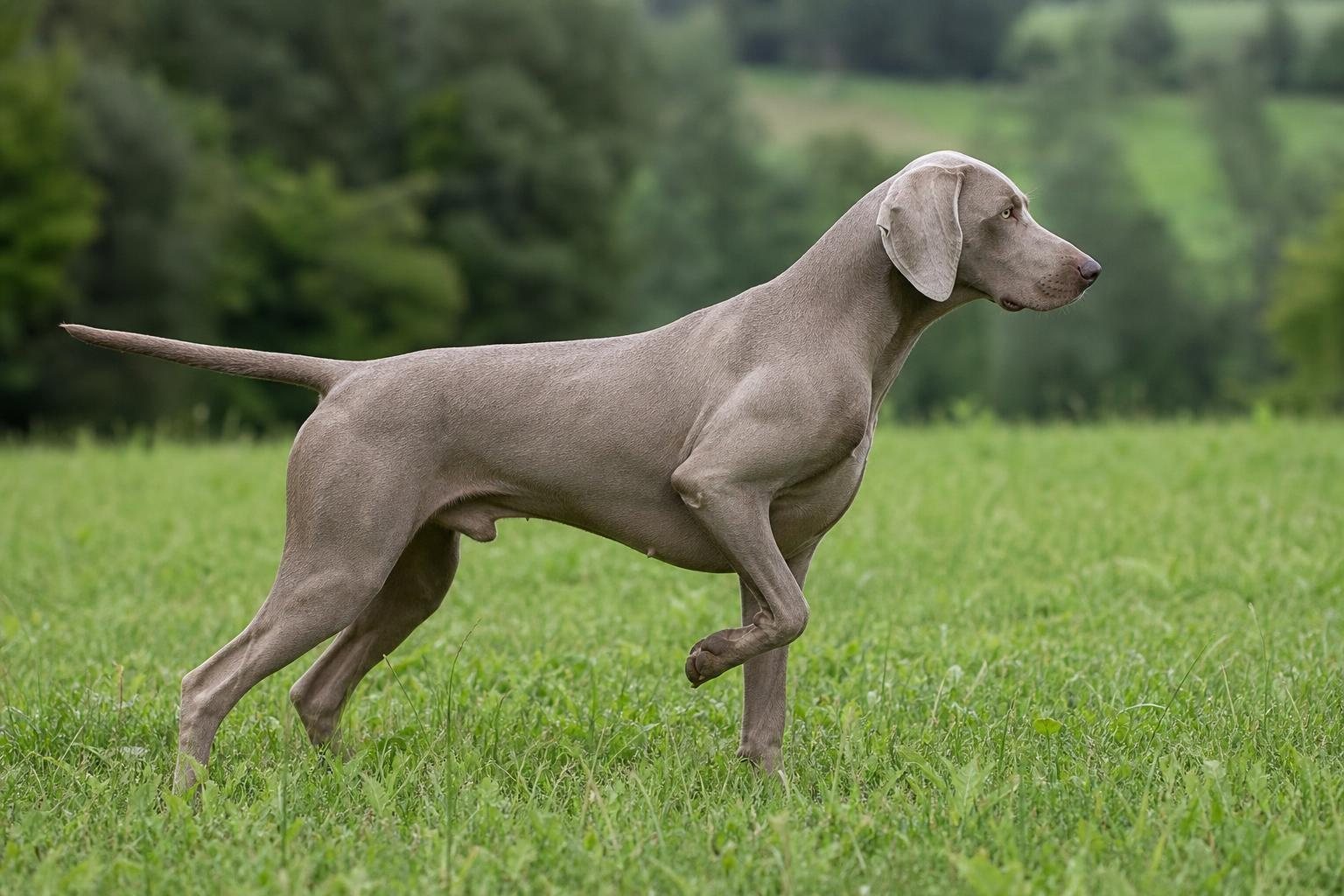 Weimaraner steht auf einer grünen Wiese vor (mit AI erstelltes Bild)