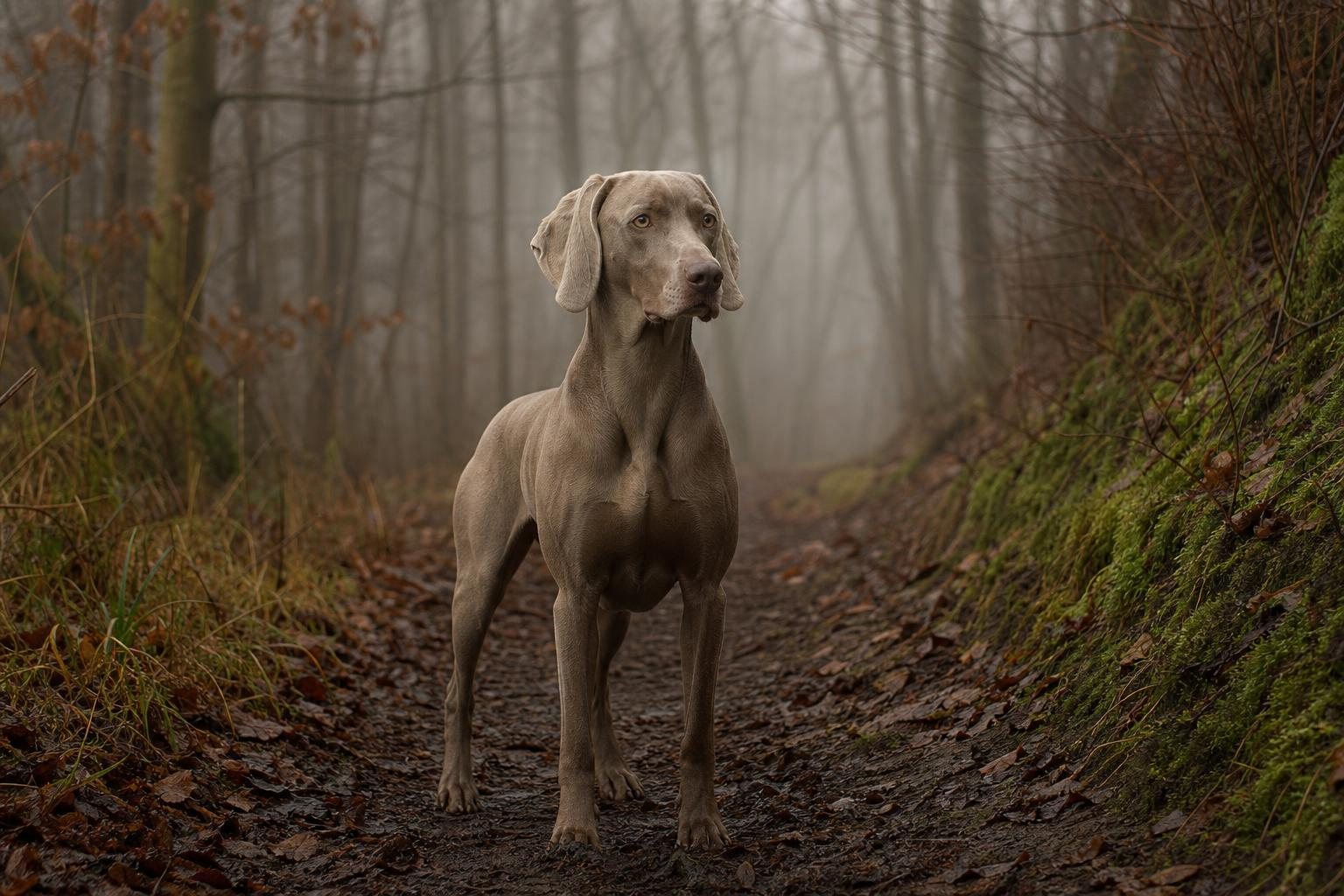 Weimaraner steht auf einem nebligen Waldweg (mit AI erstelltes Bild)