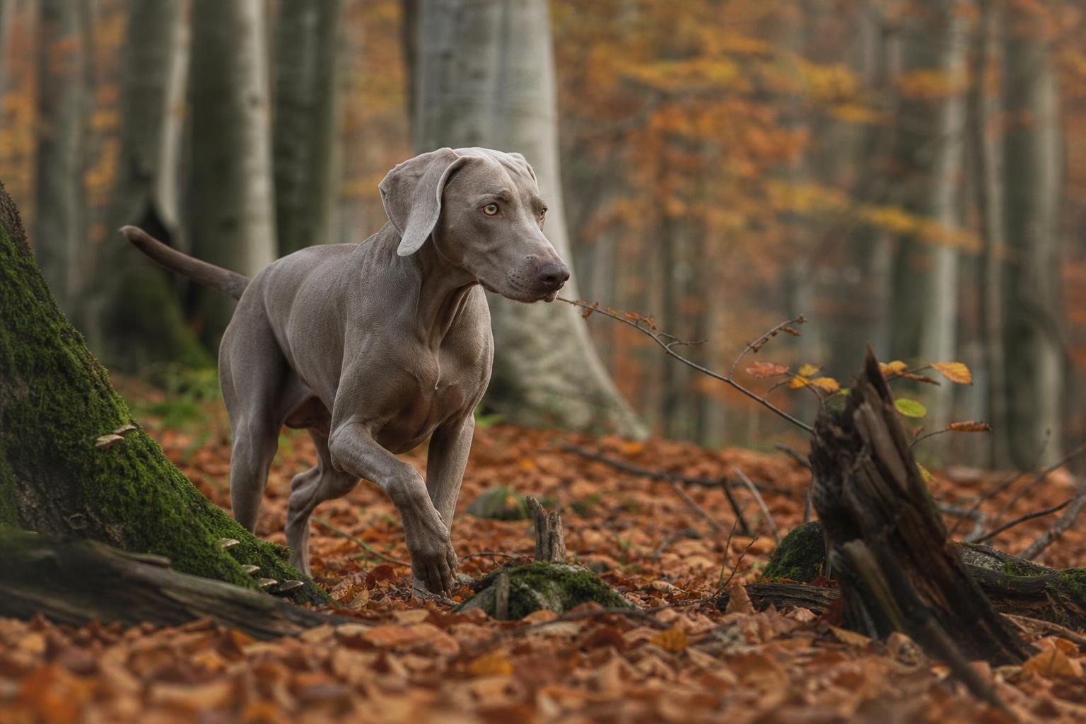 Weimaraner läuft durch einen herbstlichen Buchenwald (mit AI erstelltes Bild)
