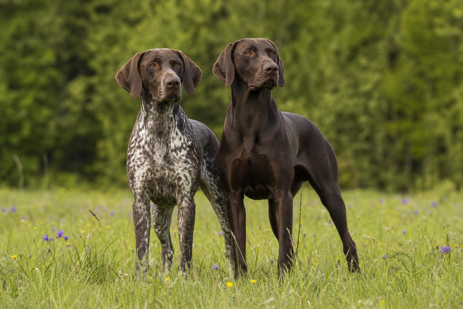 Zwei erwachsene Deutsch Kurzhaar, ein Braunschimmel und ein brauner Hund, nebeneinander (mit AI erstelltes Bild)